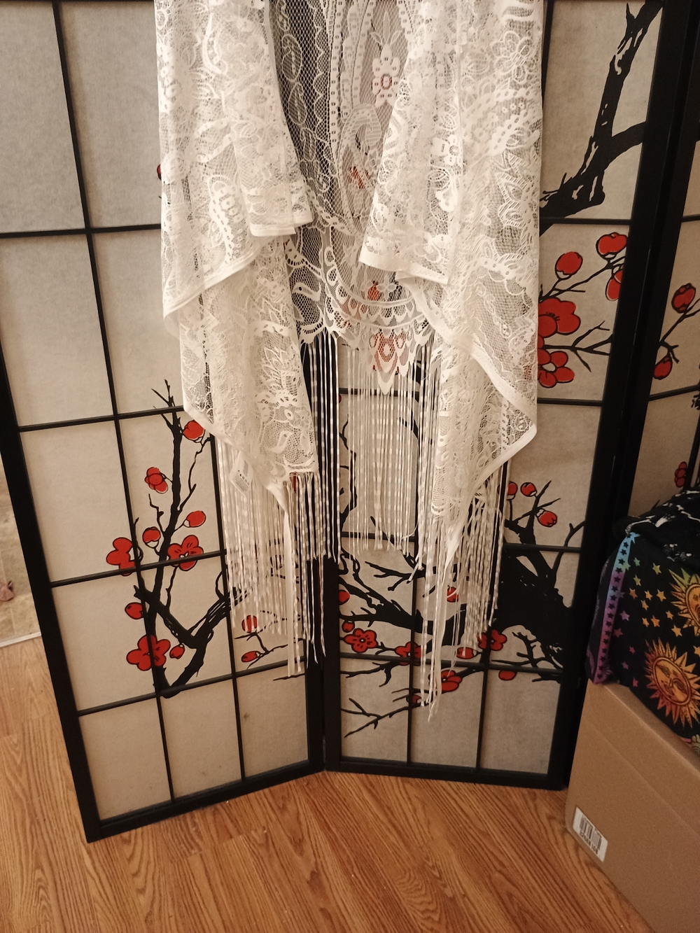 NWT White Lace Fringe Kimono Vest with Patriotic Butterfly Print - Picture 6 of 8